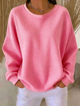 Mia | Damen Texturierter Oversized Strickpullover mit Rundhalsausschnitt – Rosa