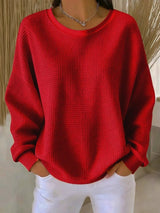 Mia | Damen Texturierter Oversized Strickpullover mit Rundhalsausschnitt – Rot