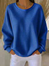 Mia | Damen Texturierter Oversized Strickpullover mit Rundhalsausschnitt – Blau