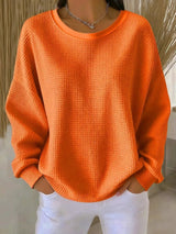 Mia | Damen Texturierter Oversized Strickpullover mit Rundhalsausschnitt – Orange