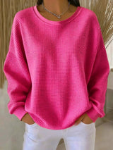Mia | Damen Texturierter Oversized Strickpullover mit Rundhalsausschnitt – Fuchsie