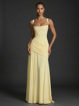 Mia | Damen Träger Gerafftes Maxi Hochzeitsgast Kleid – Buttergelb