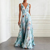 Luisa | Damen Tulpen-Print Chiffon V-Ausschnitt Maxi-Kleid – Himmelblau