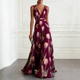 Luisa | Damen Tulpen-Print Chiffon V-Ausschnitt Maxi-Kleid – Burgund