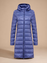 Nora | Damen Ultraleichte Lange Daunenjacke mit Kapuze Reißverschluss Winterjacke – Blau