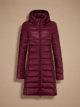 Nora | Damen Ultraleichte Lange Daunenjacke mit Kapuze Reißverschluss Winterjacke – Weinrot