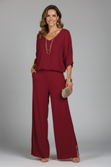 Damen V-Ausschnitt Oberteil und Weite Hose Set – Burgund