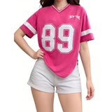 Damen V-Ausschnitt T-Shirt mit Print – Rosa