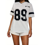 Damen V-Ausschnitt T-Shirt mit Print – Weiß