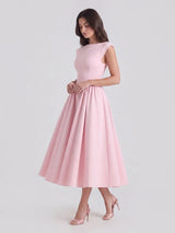 Marlene | Damen Vintage Bateau-Ausschnitt Satin Midi Kleid mit Tellerrock – Sanftes Rosa