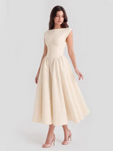 Marlene | Damen Vintage Bateau-Ausschnitt Satin Midi Kleid mit Tellerrock – Beige