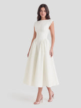 Marlene | Damen Vintage Bateau-Ausschnitt Satin Midi Kleid mit Tellerrock – Elfenbein