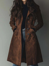 Lena | Damen Vintage Wildleder-Optik Zweireihiger Langer Trenchcoat – Braun