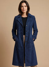 Lena | Damen Vintage Wildleder-Optik Zweireihiger Langer Trenchcoat – Dunkelblau
