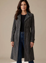 Lena | Damen Vintage Wildleder-Optik Zweireihiger Langer Trenchcoat – Dunkelgrau