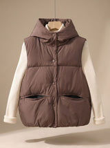 Leonie | Damen Wattierter Bodywarmer mit Kapuze Druckknopf Stehkragen – Braun