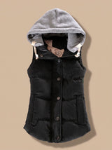 Charlotte | Damen Wattierter Bodywarmer mit Kontrastkapuze Druckknopfleiste – Schwarz