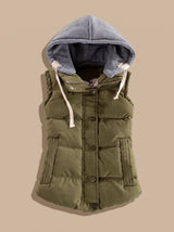 Charlotte | Damen Wattierter Bodywarmer mit Kontrastkapuze Druckknopfleiste – Olivgrün