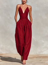 Greta | Damen Weites Leinen Trägerkleid Hohe Taille V-Ausschnitt – Rot