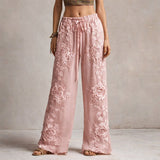 Hannah | Damen Wide-Leg Hose mit floraler Stickerei elastischer Bund – Rosa