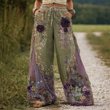 Hannah | Damen Wide-Leg Hose mit floraler Stickerei elastischer Bund – Grün