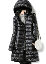 Hannah | Damen Winterjacke Leichte Lange Steppjacke Abnehmbare Kapuze – Schwarz