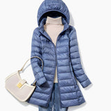 Hannah | Damen Winterjacke Leichte Lange Steppjacke Abnehmbare Kapuze – Blau