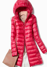 Hannah | Damen Winterjacke Leichte Lange Steppjacke Abnehmbare Kapuze – Rot