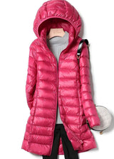 Hannah | Damen Winterjacke Leichte Lange Steppjacke Abnehmbare Kapuze – Dunkelrosa
