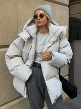 Damen-Winterjacke mit Kapuze und Reißverschluss vorne – Hellgrau