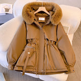 Damen Winterjacke mit Kunstfell-Kapuze und Kordelzug – Braun