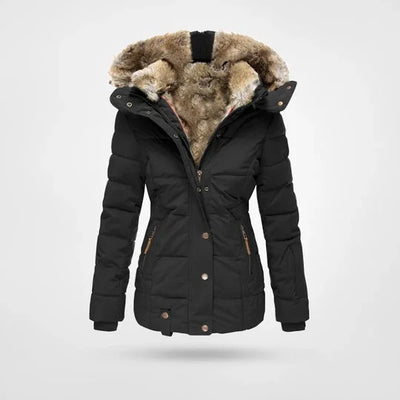 Damen Winterjacke mit Kunstpelz-Kapuze und Taillenzug