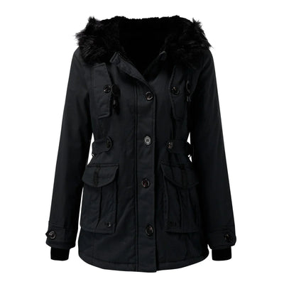 Damen Winterjacke mit Fellkapuze und Taschen