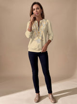Emilia | Damen Zip-Slim-Fit-Pullover mit Blumenmuster und Reißverschluss – Gelb