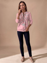 Emilia | Damen Zip-Slim-Fit-Pullover mit Blumenmuster und Reißverschluss – Rosa