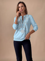 Emilia | Damen Zip-Slim-Fit-Pullover mit Blumenmuster und Reißverschluss – Blau