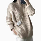 Mia | Damen Zopfmuster-Strickpullover mit Reißverschluss Oversize – Beige