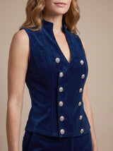 Greta | Damen Zweireiher Samt-Weste im Military-Stil tailliert – Blau