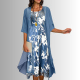 Annika | Damen Zweiteiler-Set mit Blumenmuster und Dreiviertel-Ärmeln – Blumenblau
