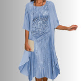 Annika | Damen Zweiteiler-Set mit Blumenmuster und Dreiviertel-Ärmeln – Blau
