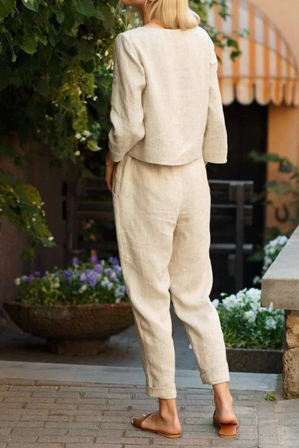 Damen Zweiteiler Set mit elastischem Bund und langen Ärmeln