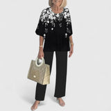 Emilia | Damen Zweiteiliges Fledermaus-Top Botanik Weitbein-Hosen Set – Schwarz