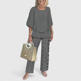 Emilia | Damen Zweiteiliges Fledermaus-Top Botanik Weitbein-Hosen Set – Dunkelgrau