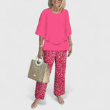 Emilia | Damen Zweiteiliges Fledermaus-Top Botanik Weitbein-Hosen Set – Rosa