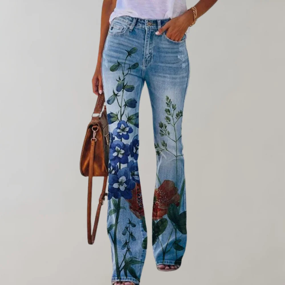 Damen Jeans mit weitem Bein und Blumendruck