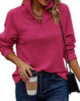 Emilia | Damenpullover mit Reißverschluss Stehkragen Rippstrick Oversize Sweatshirt – Dunkelrosa