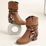 Idunn | Damen Stiefelette in Raffoptik mit Wickeldetail im Westernstil – Hellbraun