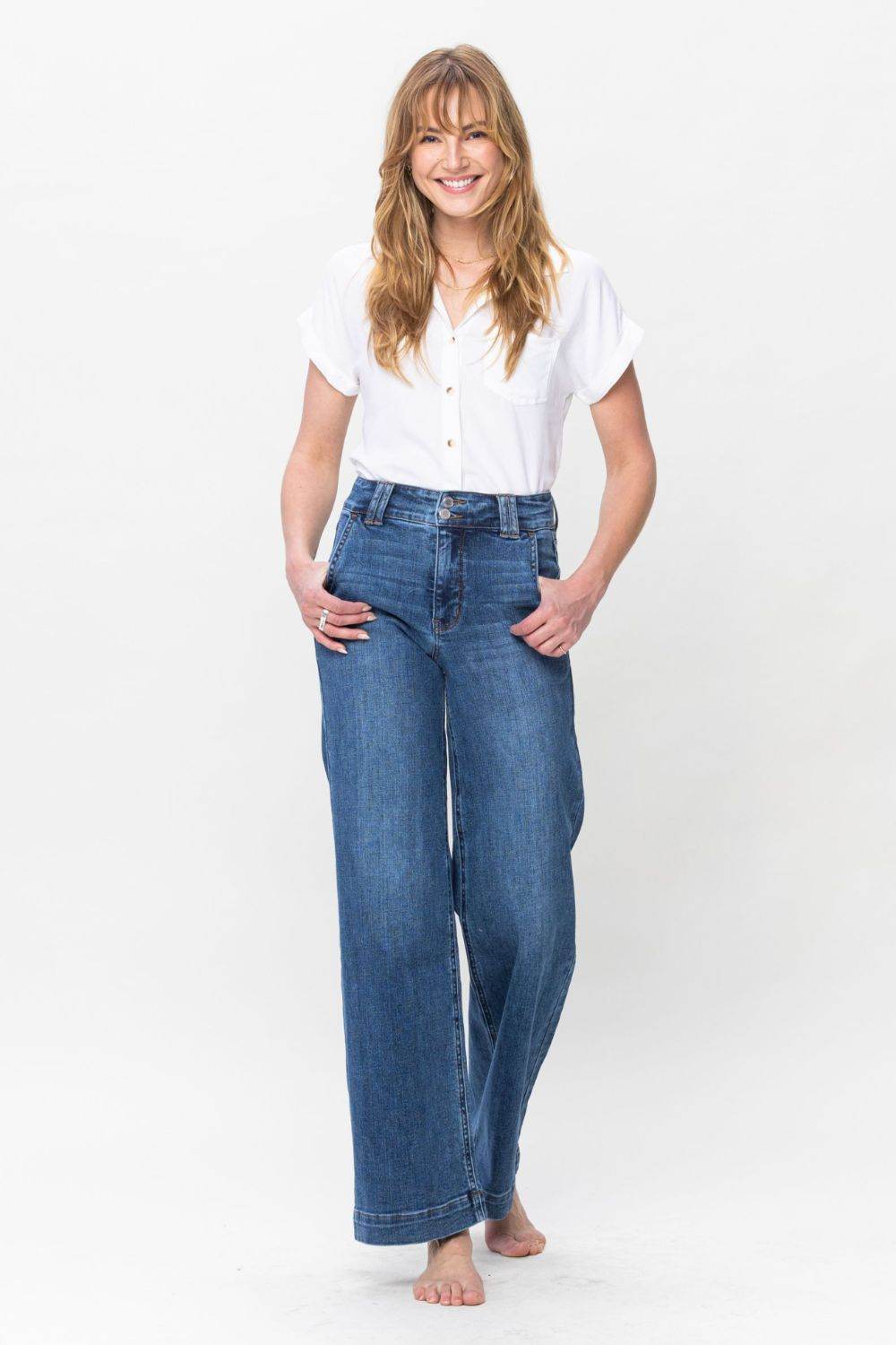 Klaudia® | Damen Jeans mit weitem Bein und doppelter Knopfleiste