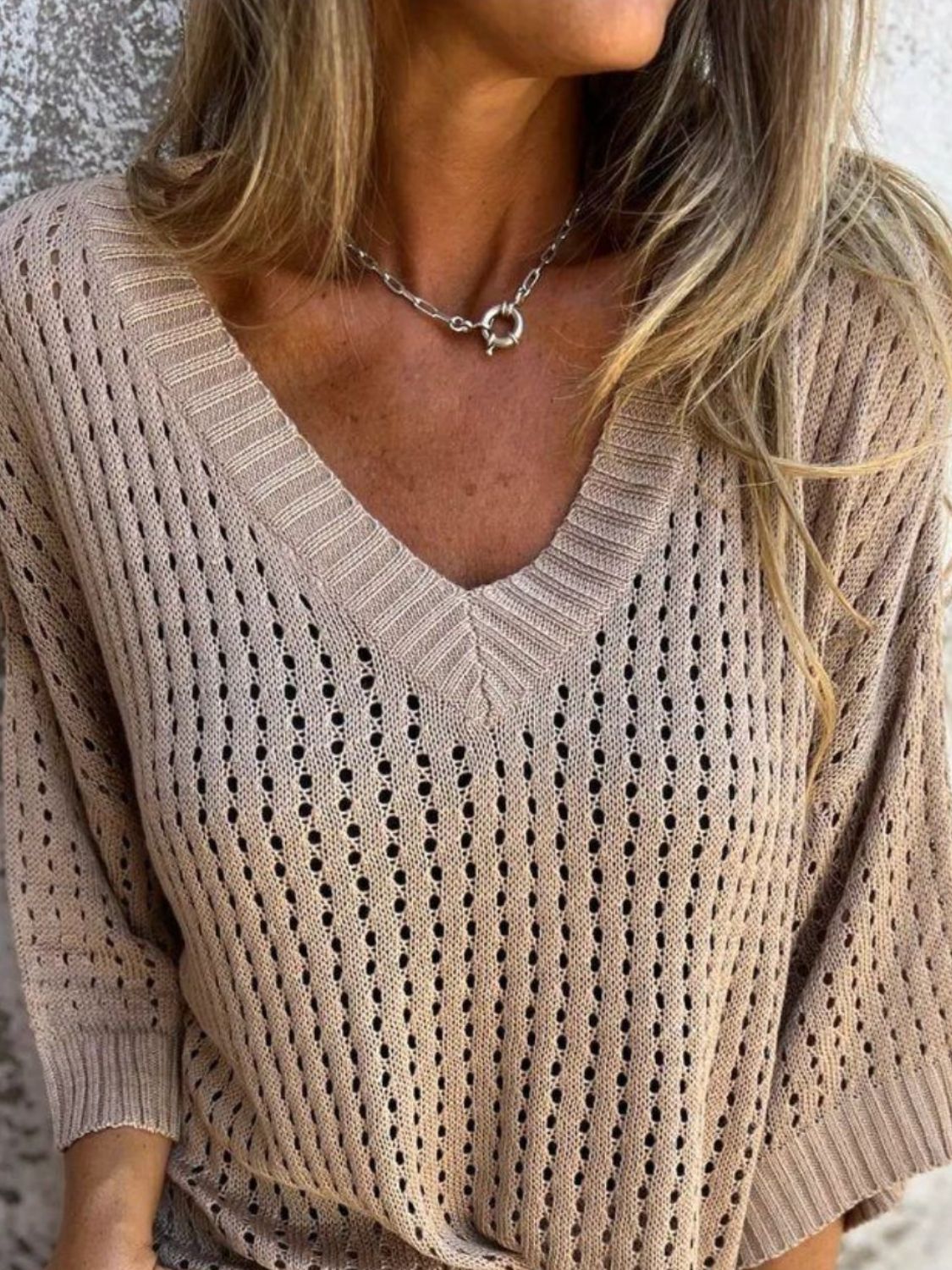 Ina® | Großgrößen gehäkelte V-Ausschnitt Stricküberwurf