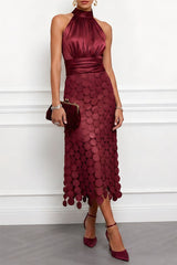 Céline | Damen Halter Midi Kleid – Weinrot